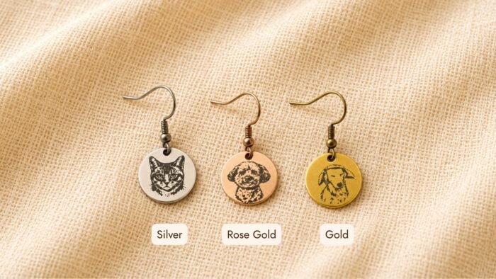 Custom Pet Earrings – Metal Color Options Three personalized engraved pet earrings displayed on beige linen fabric in silver, rose gold, and gold finishes, each featuring a custom pet portrait engraving.