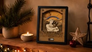 Personalized wooden pet memorial shadow box with engraved portrait, rainbow detail, candlelight, and keepsake vial displayed on a cozy shelf.