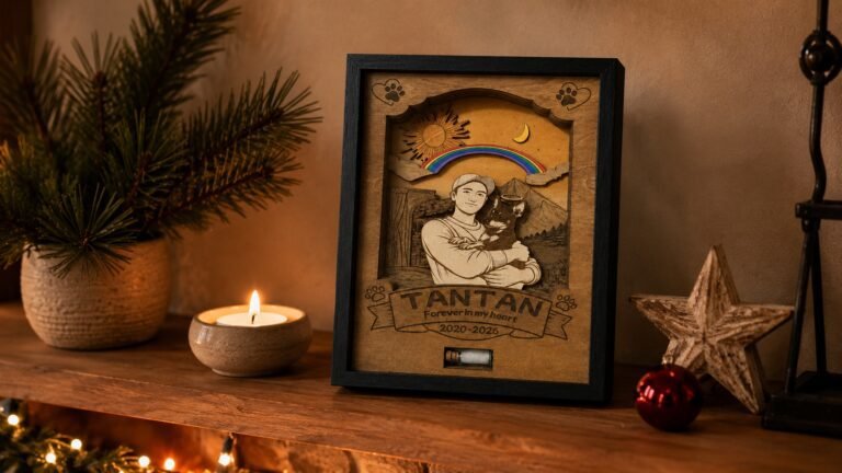 Personalized wooden pet memorial shadow box with engraved portrait, rainbow detail, candlelight, and keepsake vial displayed on a cozy shelf.