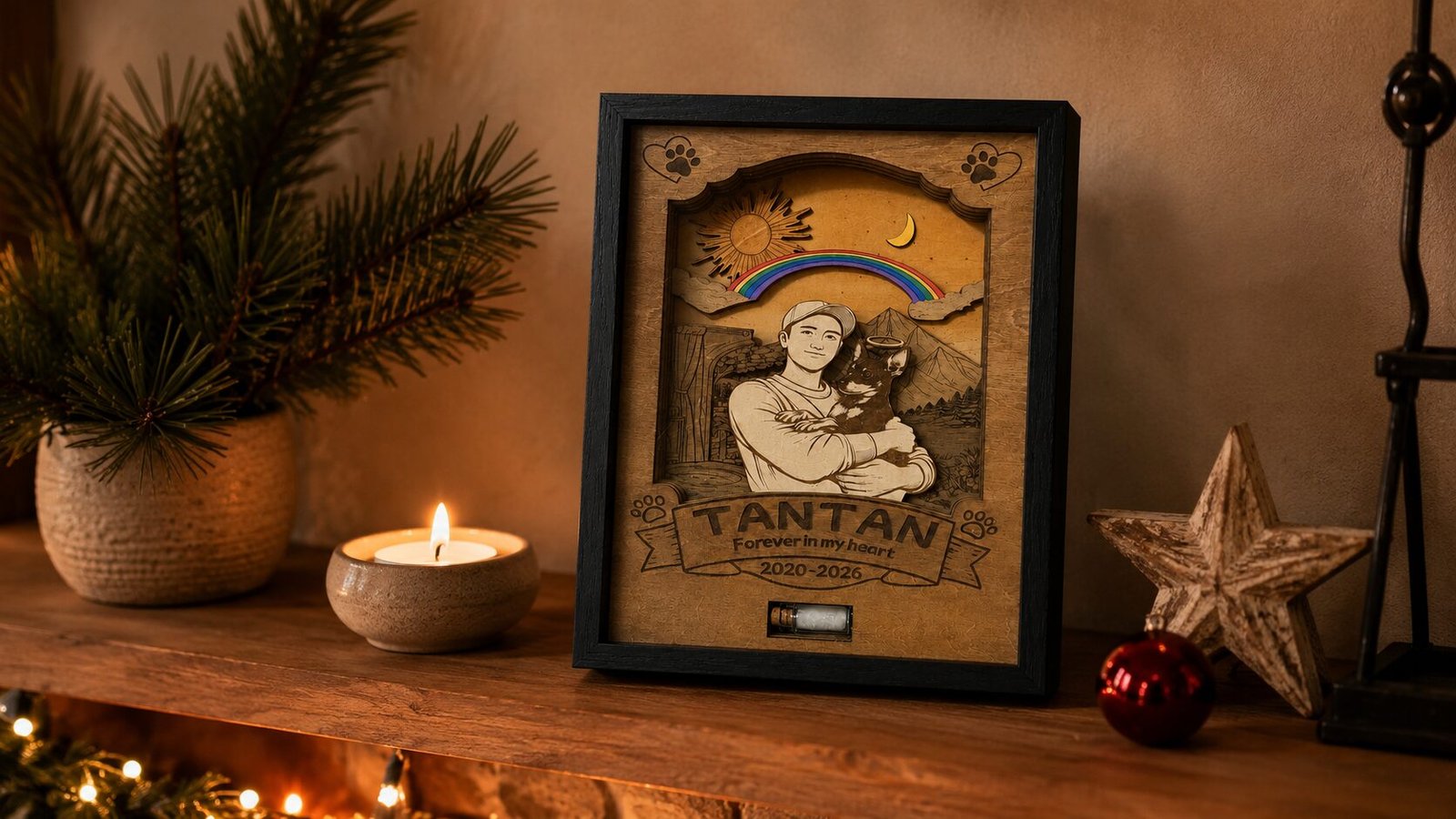 Personalized wooden pet memorial shadow box with engraved portrait, rainbow detail, candlelight, and keepsake vial displayed on a cozy shelf.