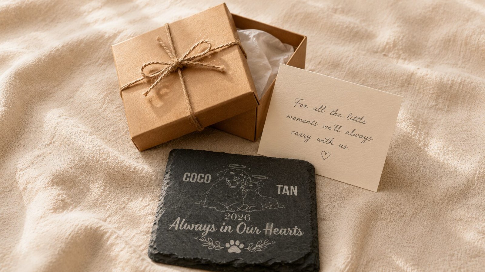 Personalized pet memorial slate coaster beside a gift box and sympathy card on soft cream fabric in warm natural light.