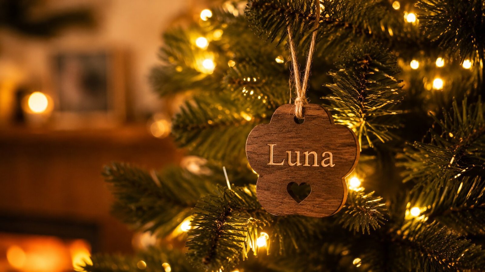 Personalized wooden pet memorial ornament engraved with the name Luna hanging on a warmly lit Christmas tree.