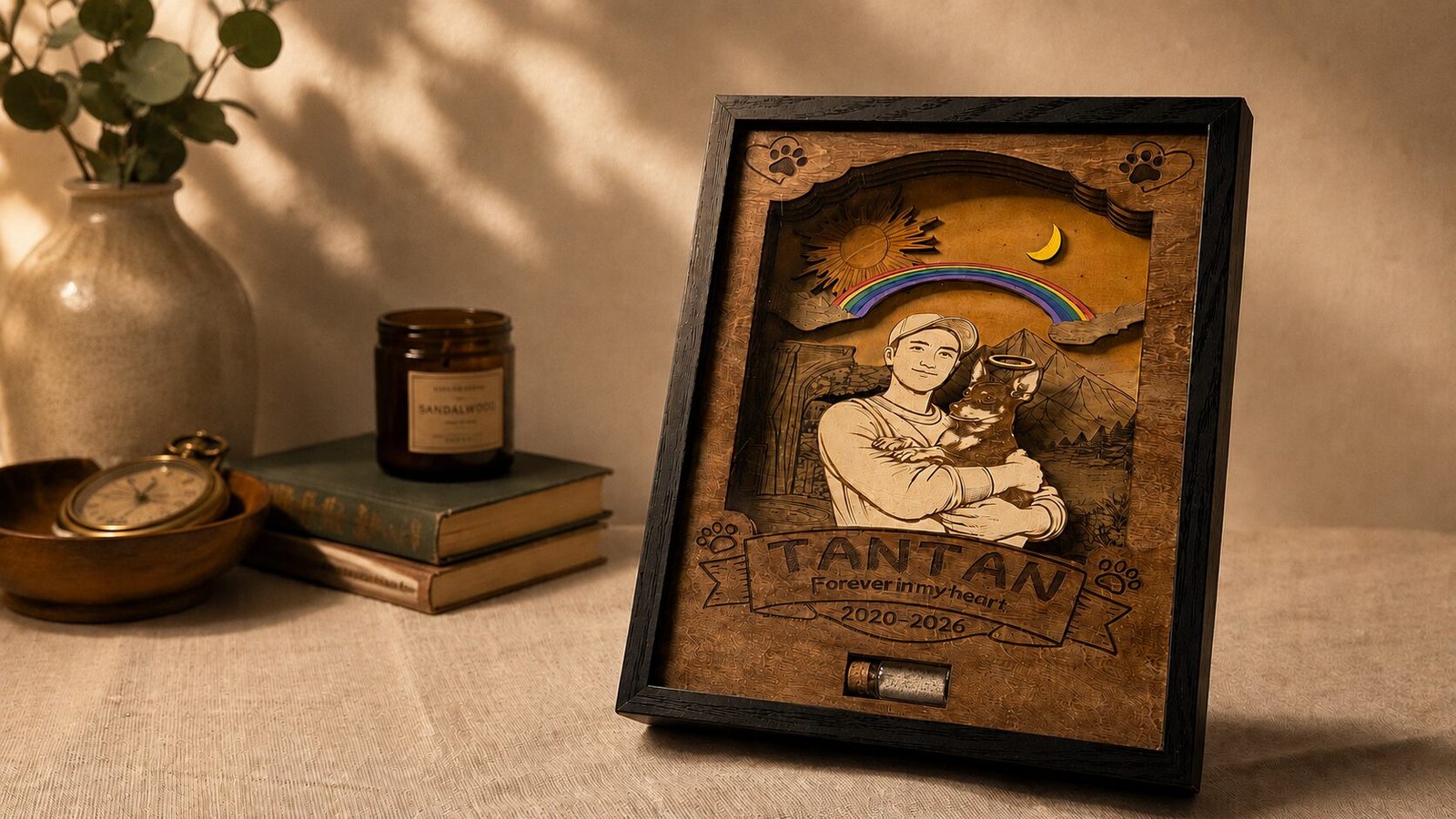 Warm editorial-style photo of a personalized wooden pet memorial shadow box displayed on a linen-covered table beside vintage books, a candle, and soft home décor in golden ambient lighting.