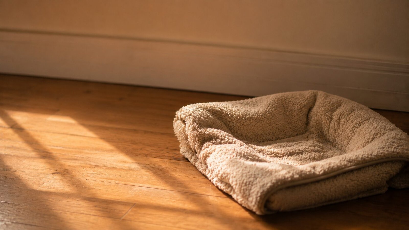 Empty plush pet bed resting in warm sunlight on a wooden floor, symbolizing absence, longing, silence, and grief after losing a beloved cat companion.