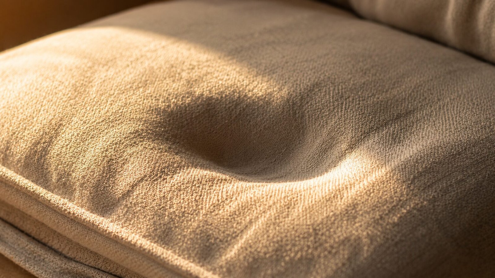 Close-up of a soft fabric cushion with a gentle indentation left in warm golden sunlight, symbolizing the absence of a beloved pet.