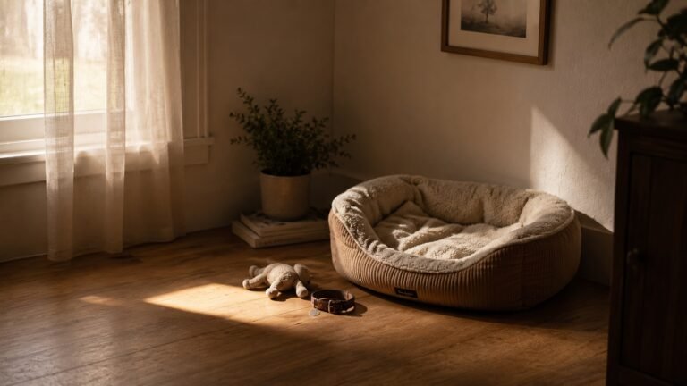 Quiet sunlit corner with an empty plush pet bed, toy, and collar resting on wooden flooring beside soft flowing curtains.