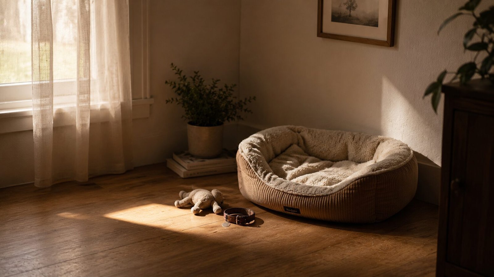 Quiet sunlit corner with an empty plush pet bed, toy, and collar resting on wooden flooring beside soft flowing curtains.