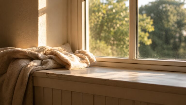 Soft cream blanket resting on a sunlit window seat with warm golden afternoon light streaming through a peaceful home interior.
