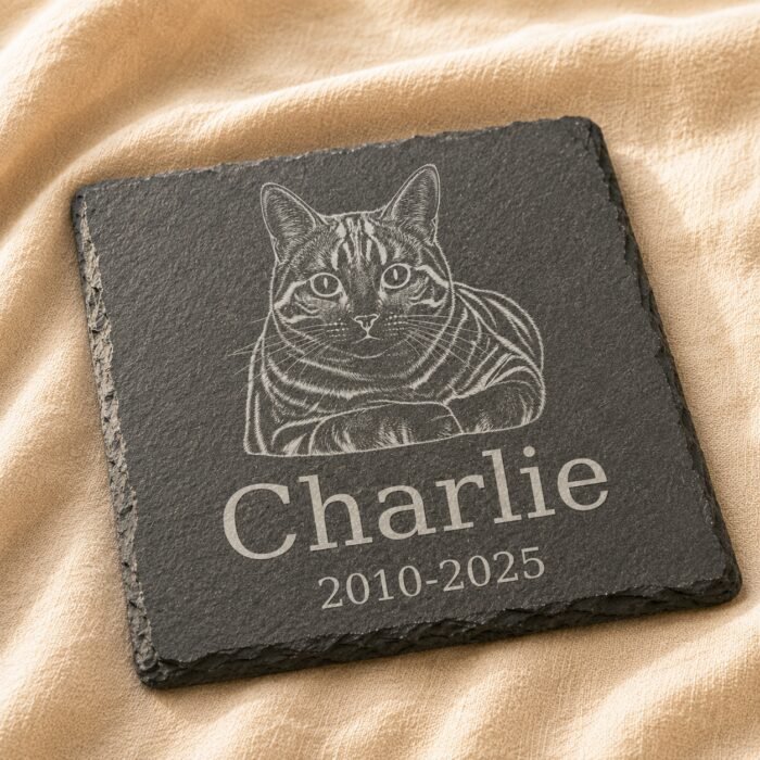 Close-up product photograph of a square engraved pet memorial slate coaster featuring a detailed cat portrait, the name Charlie, and memorial dates on soft cream linen fabric.