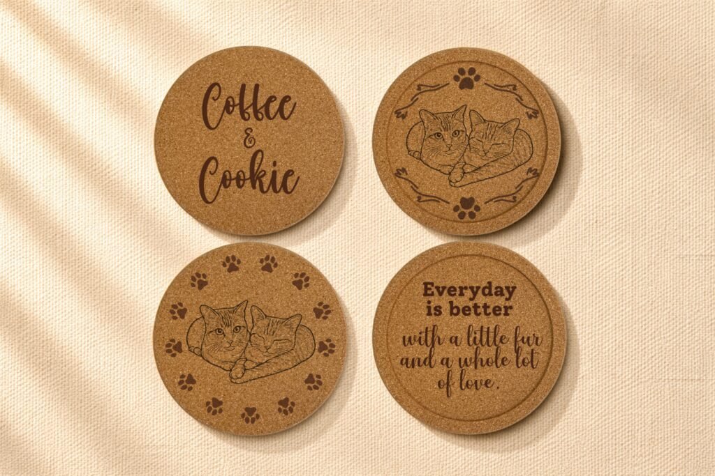 Set of four engraved cork cat coasters featuring custom pet illustrations, paw print designs, and pet lover quotes displayed on soft linen fabric background.