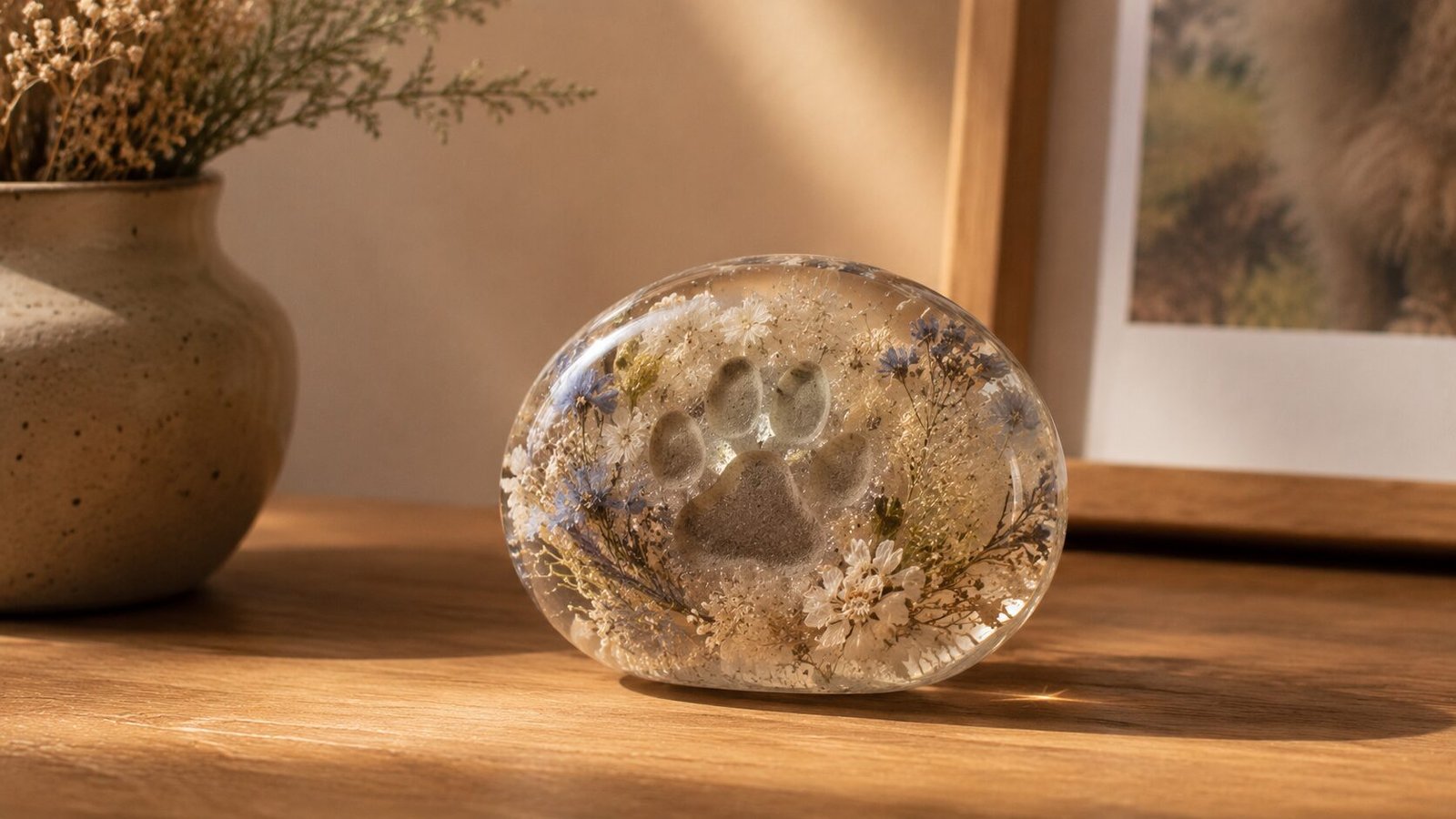Clear resin pet memorial paperweight featuring a paw print impression surrounded by preserved dried flowers on a wooden shelf in warm natural light.