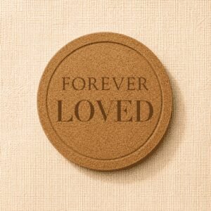 Round cork pet memorial coaster engraved with the words “Forever Loved” on a neutral linen background, a meaningful remembrance keepsake for honoring a beloved pet.