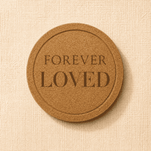 Round cork pet memorial coaster engraved with the words “Forever Loved” on a neutral linen background, a meaningful remembrance keepsake for honoring a beloved pet.