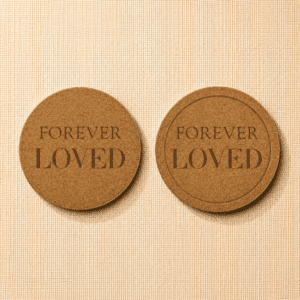 Comparison of two round cork pet memorial coasters featuring the engraved phrase “Forever Loved,” showcasing flat-edge and recessed-edge designs on a neutral linen background.