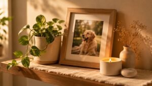 Warm pet memorial shelf with framed golden retriever photo, glowing candle, dried flowers, and green houseplant in soft golden sunlight.