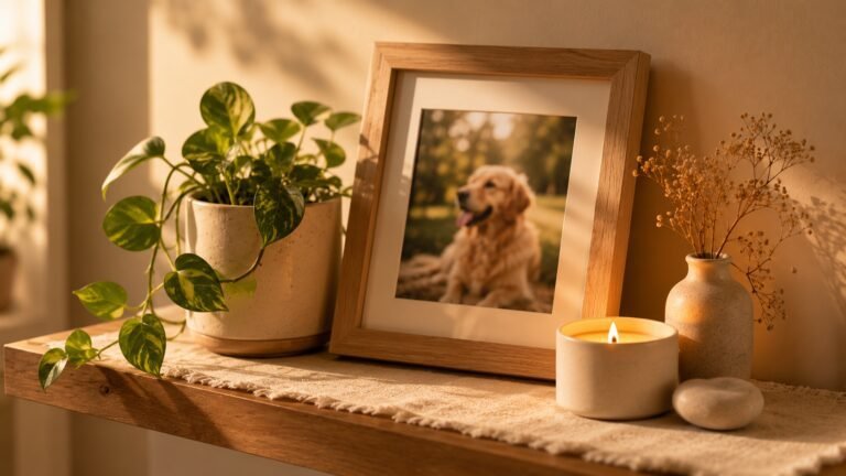 Warm pet memorial shelf with framed golden retriever photo, glowing candle, dried flowers, and green houseplant in soft golden sunlight.