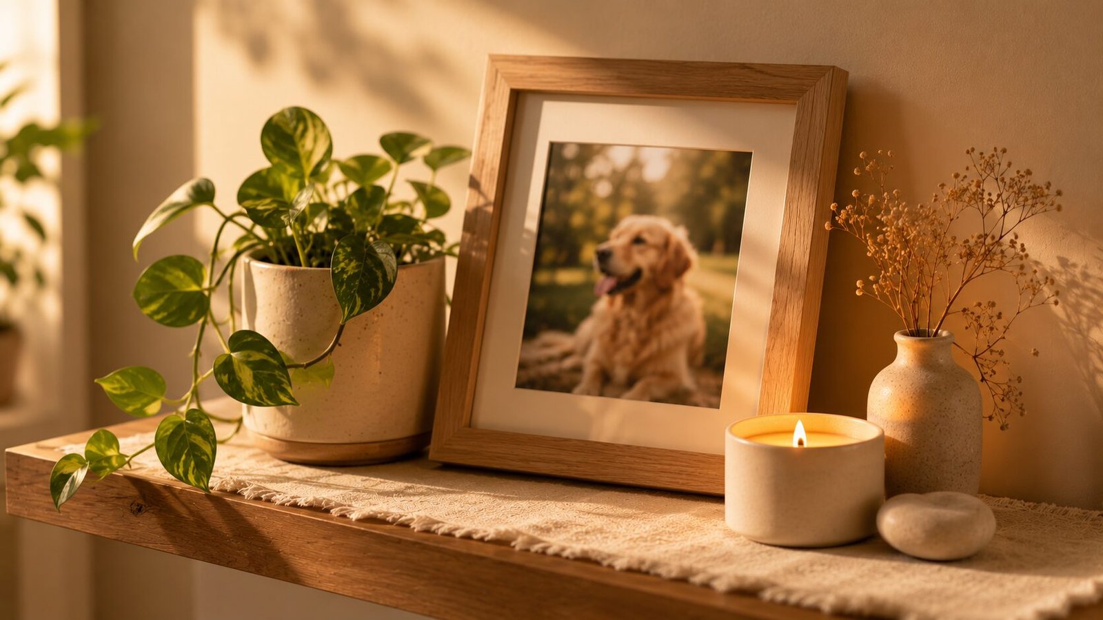 Warm pet memorial shelf with framed golden retriever photo, glowing candle, dried flowers, and green houseplant in soft golden sunlight.