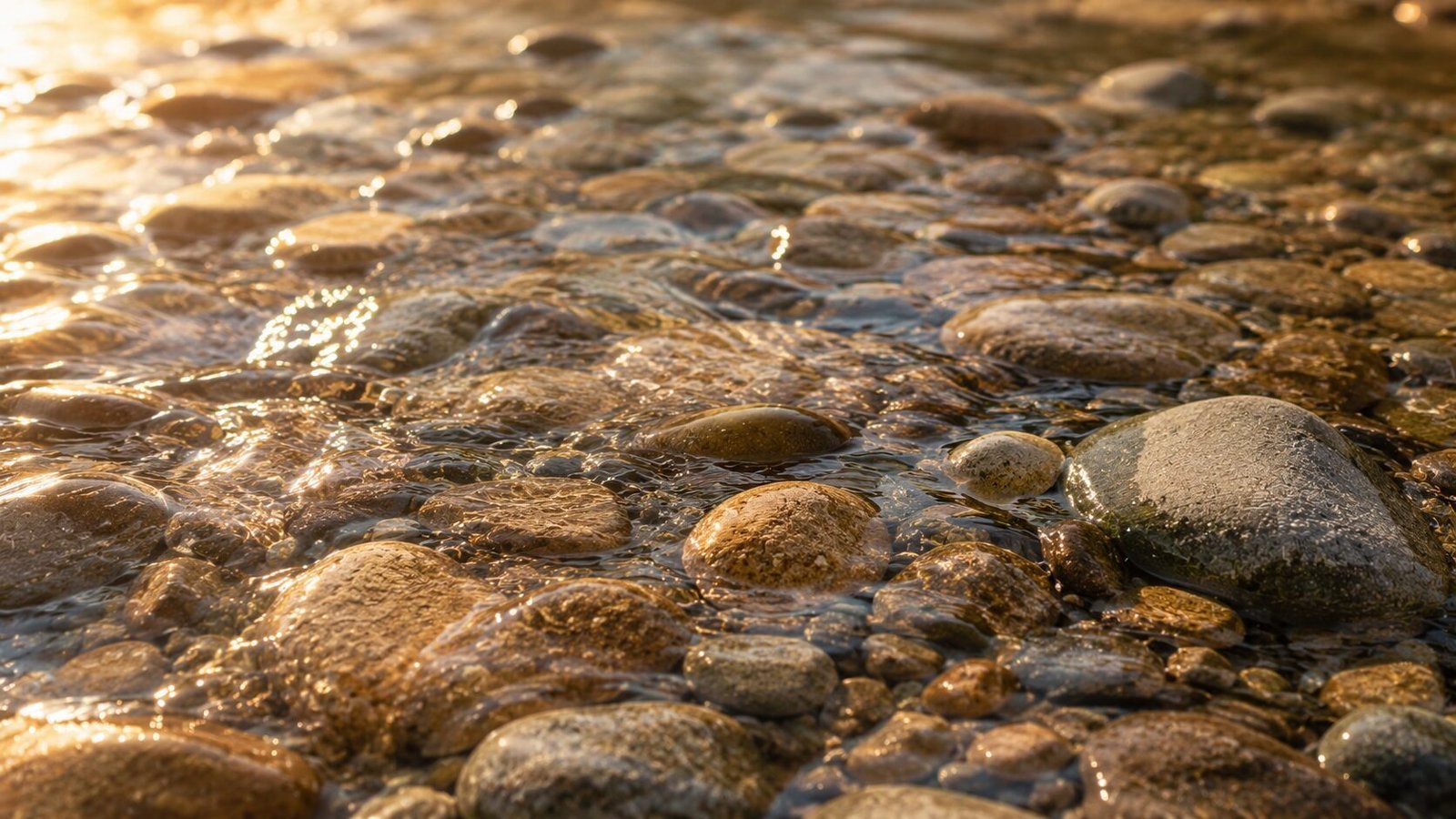 Golden sunlight reflecting over smooth river stones beneath shallow flowing water, creating a peaceful and calming natural background.
