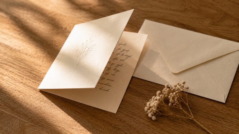 Minimalist sympathy card and envelope resting on a warm wooden table with soft sunlight and dried baby’s breath flowers.