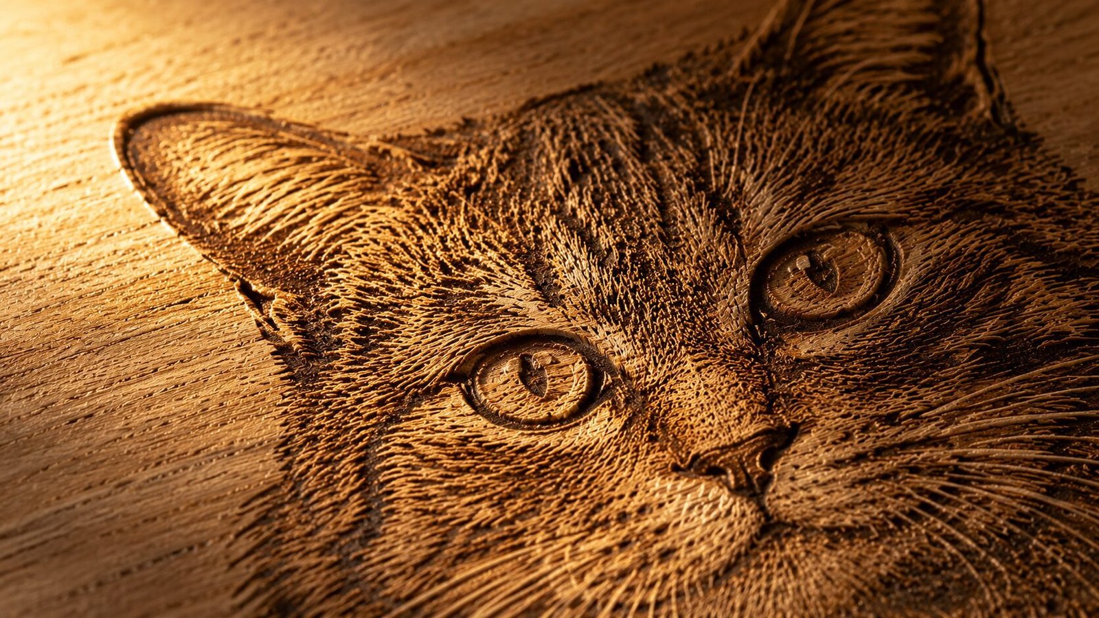 Extreme macro close-up of a laser engraved cat portrait on natural wood, highlighting deep engraving texture, detailed fur lines, and realistic artisan craftsmanship.