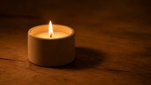 Minimal ceramic candle glowing on a rustic wooden table in warm low light, symbolizing remembrance, grief, comfort, and quiet reflection after pet loss.