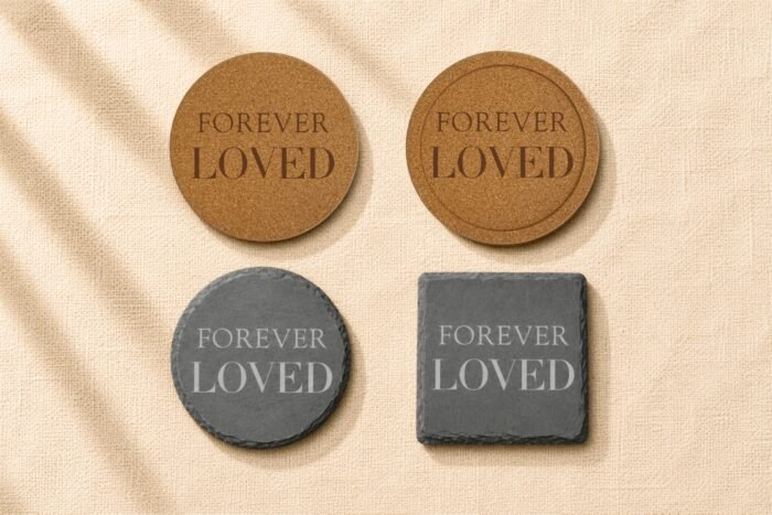 Comparison image showing four memorial coaster material and shape options, including round cork, engraved cork with border, round black slate, and square black slate, displayed on soft cream linen fabric.