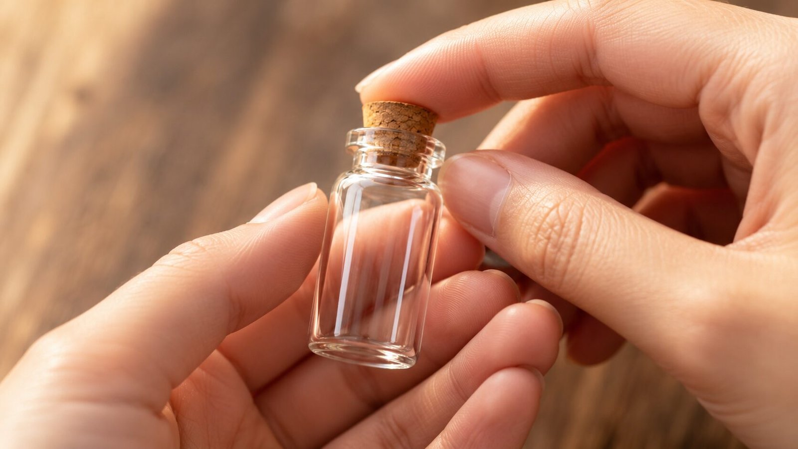 Close-up of hands gently holding a tiny glass keepsake vial with a cork lid under warm natural lighting, symbolizing remembrance and memorial keepsakes.