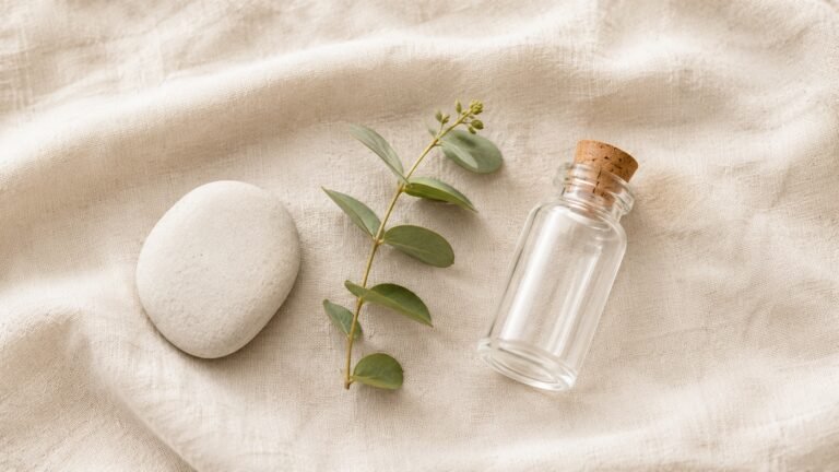 Minimal memorial flat lay featuring a small glass keepsake bottle with cork, eucalyptus stem, and smooth white stone arranged on soft cream linen fabric.
