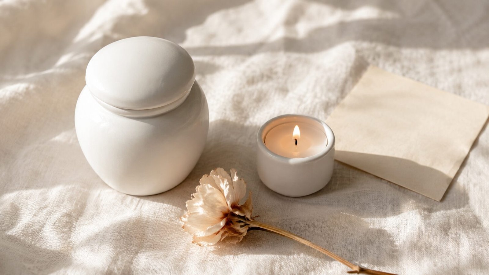 Minimalist white ceramic pet memorial urn beside a lit candle, dried flower, and folded note on soft cream linen fabric in warm natural light.