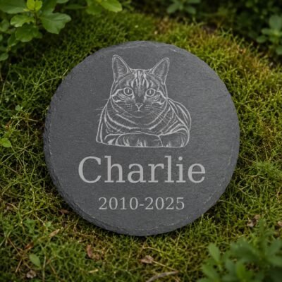 Round engraved pet memorial slate displayed outdoors on natural green moss, featuring a detailed cat portrait illustration, the name Charlie, and memorial dates.