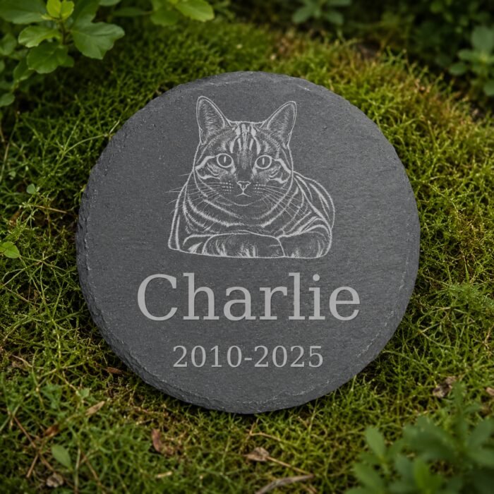 Round engraved pet memorial slate displayed outdoors on natural green moss, featuring a detailed cat portrait illustration, the name Charlie, and memorial dates.