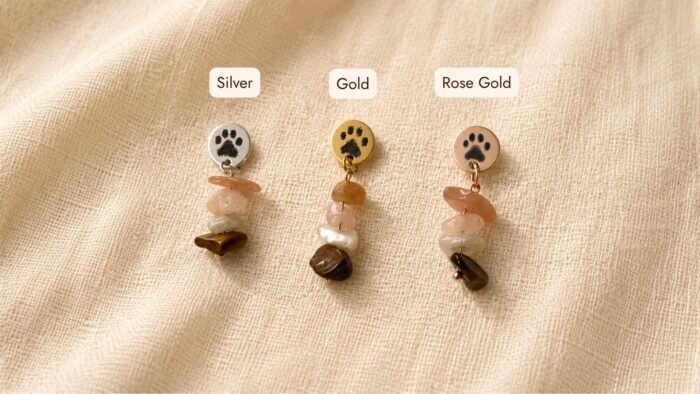 Flat lay photo showing three paw print gemstone earrings in silver, gold, and rose gold finishes on soft cream linen fabric with labeled color options.