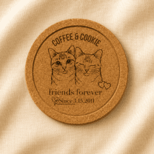 Personalized cork coaster featuring custom engraved portraits of two orange cats named Coffee and Cookie, with the phrase “Friends Forever” and a special date, displayed on a warm cream linen background.