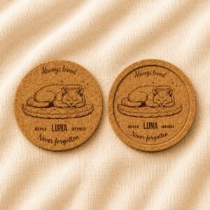 Two personalized round cork pet memorial coasters displayed side by side on a soft cream linen fabric background. Each coaster features an engraved sleeping cat with an angel halo, custom name Luna, memorial years 2011–2026, and the phrase “Always Loved, Never Forgotten.”