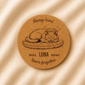Personalized round cork pet memorial coaster featuring an engraved sleeping cat with angel halo, custom name Luna, memorial years 2011–2026, and the quote “Always Loved, Never Forgotten,” displayed on a soft cream linen background.