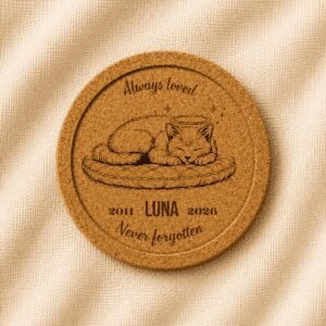 Personalized round cork pet memorial coaster with recessed edge, featuring an engraved sleeping cat portrait, pet name Luna, memorial years 2011–2026, and the quote “Always Loved, Never Forgotten,” displayed on a soft linen background.