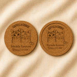 Set of two personalized cork coasters displayed side by side on a soft cream linen background, featuring custom engraved portraits of Coffee and Cookie with the phrase “Friends Forever” and a meaningful date.
