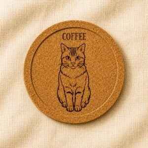 Personalized cork coaster featuring an engraved portrait illustration of an orange tabby cat named Coffee on a natural cork surface with a cream linen background.