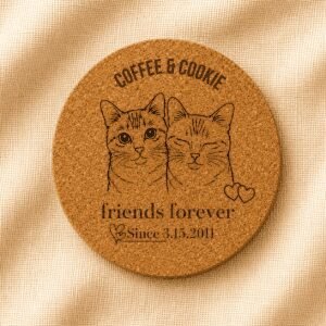 Round personalized cork coaster featuring custom engraved portraits of two orange cats, Coffee and Cookie, with the phrase “Friends Forever” and a special date, displayed on a soft cream linen background.