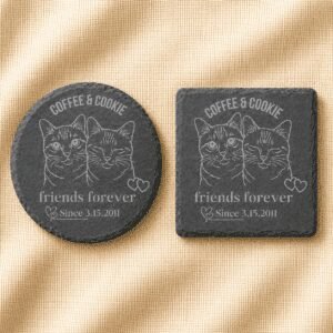 Comparison image showing round and square personalized slate coasters engraved with custom portraits of Coffee and Cookie, featuring the phrase “Friends Forever” and a meaningful date, displayed on a cream linen background.