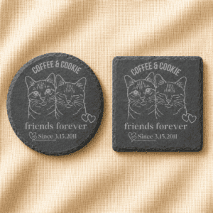 Comparison image showing round and square personalized slate coasters engraved with custom portraits of Coffee and Cookie, featuring the phrase “Friends Forever” and a meaningful date, displayed on a cream linen background.