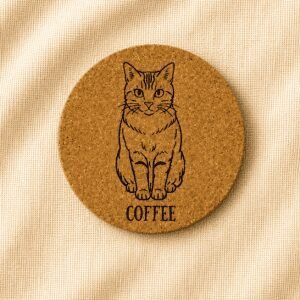 Round cork coaster featuring an engraved portrait of an orange tabby cat with the pet name “Coffee” placed below the illustration, displayed on a warm cream linen background.