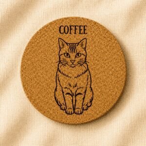 Round cork coaster featuring an engraved portrait of an orange tabby cat with the pet name “Coffee” placed above the illustration, displayed on a warm cream linen background.