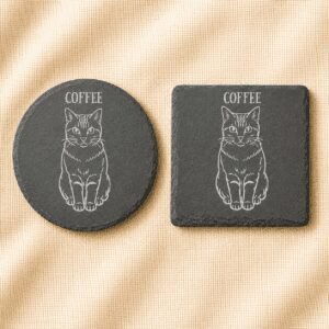 Round and square black slate coasters with engraved portraits of an orange tabby cat named Coffee, displayed side by side on a warm cream linen background.