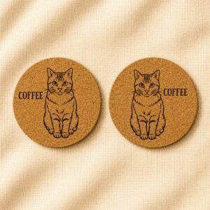 Set of two round cork coasters featuring engraved orange tabby cat portraits with the pet name “Coffee” placed beside the custom cat illustration, displayed on a warm cream linen background.
