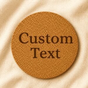 Round cork coaster featuring customizable engraved text in bold serif typography on a natural cork surface with a soft cream linen fabric background.
