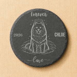 Personalized pet memorial round slate coaster featuring an engraved dog portrait, pet name Chloe, memorial year 2026, and the phrase “Forever Love,” displayed on a neutral linen background.