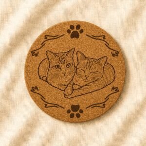 Round cork coaster featuring an engraved illustration of two cuddling orange tabby cats surrounded by decorative paw print and ribbon-style border details on a warm cream linen background.