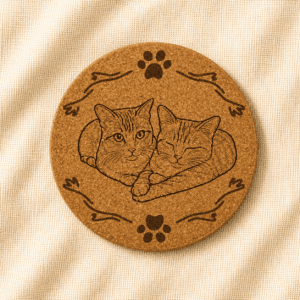 Round cork coaster featuring an engraved illustration of two cuddling orange tabby cats surrounded by decorative paw print and ribbon-style border details on a warm cream linen background.