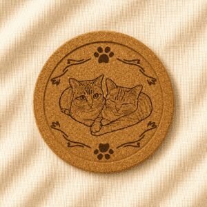 Round cork coaster with engraved illustration of two cuddling cats framed inside a recessed circular border with decorative paw prints and ribbon-style accents on a warm cream linen background.